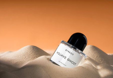 Kirov Russia 15 November 2020 Bottle of Byredo mojave ghost niche luxury perfumery against the...
