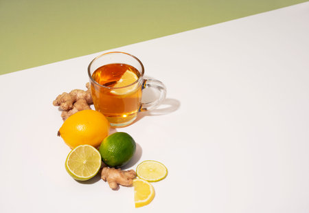 Hot herbal tea with ginger, lemon and honey vitamins C over grey background. Concept alternative medicine, natural homemade remedy for cold and flu. Support the immune system. Well-Being and Healtyの写真素材