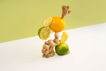 Flying still life ginger, lemon and lime. Levitation of vitamins C. Isometric projection, diagonal white and green background. Concept new alternative medicine, natural homemade remedy for cold and flu.の写真素材