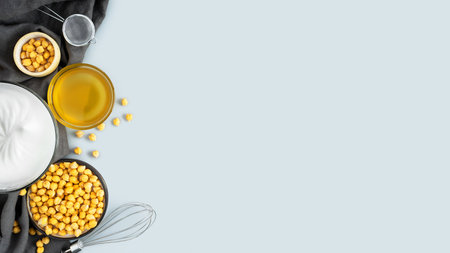 Chickpea aquafaba.Egg replacement.Vegan cooking concept. whipped chickpeas liquid in glass bowl.chickpea in a plate with linen napkin.Steel whisk.gray isolated background.Top view.Copy space.Banner.の写真素材