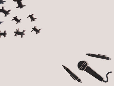 World press freedom day concept. 3 may. A microphone and a pen made of paper, as a symbol of freedom of speech, resist barbed wire and prohibitions. Beige background. Copy space. Bannerの写真素材