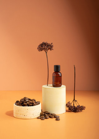 A brown glass bottle with coffee essential oil on a pedestal and coffee beans. Pastel beige background and dried wildflowers. Still life modern minimalistic style. Cosmetic, skin care, relaxation.の写真素材