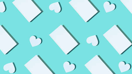 Creative Pattern from Cute paper heart and white cover book on turquoise-mint background. Modern...