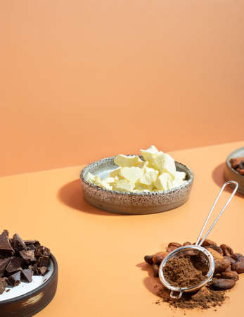 Creative isometric diagonal projection composition with healthy ingredient organic cocoa products: beans, powder, butter on a ivory background.Concept wellness, healthcare, energy superfood,brain foodの写真素材