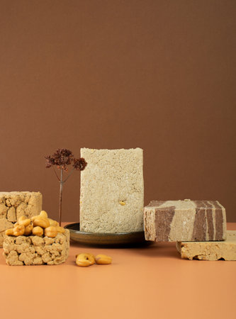 Modern still life. Tasty eastern sweet dessert halva from sunflower seeds, cocoa and tahini on dual color beige background.Traditional dessert confection in Middle East, Balkans and west Asia.Verticalの写真素材