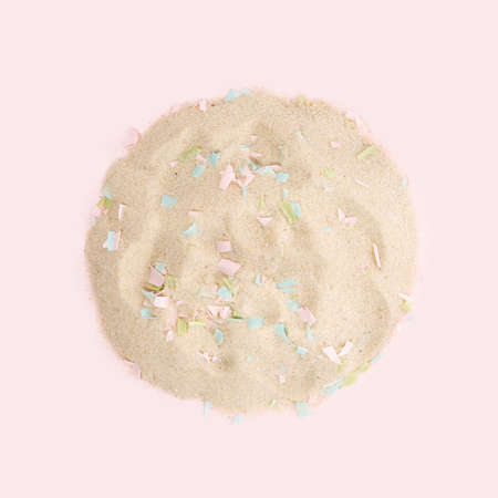 Mixture of biologically active additives. White jar of dietary fiber and scoop on a pink background. Dietary herbal supplements. Top view, horizontal. copy space. Banner.の写真素材