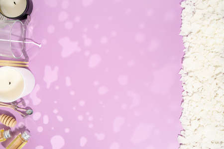 Set tools for homemade natural eco-friendly soy wax candles, wick, perfume, essential oil on a marble table. making process. trendy DIY. Craft hobby, small business, artisan products concept.の写真素材