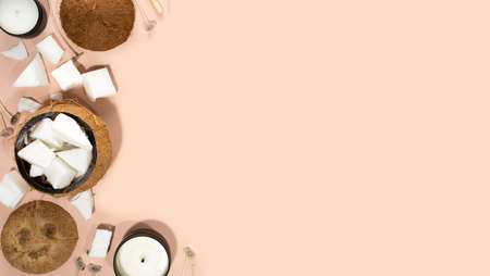 Set tools for homemade natural eco-friendly soy wax candles, wick, perfume, essential oil on a marble table. making process. trendy DIY. Craft hobby, small business, artisan products concept.の写真素材