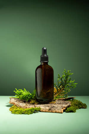 Oil with serum for skin and hair care. A concept of essential oil, moss and tree bark on a green background. Brown glass bottle of body oil with a dropper. Self care and wellness. copyspace. Banner.の写真素材