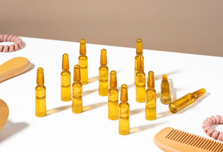 Male hands holding cosmetic ampoules with serum for hair growth, beauty hair restoration in a modern bright bathroom. Concept Hair loss, the problem of male baldness. lifestyle.の写真素材