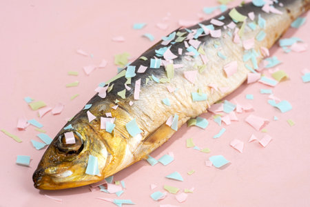 Fish covered microplastic on a pink plate. Impact of micro plastic on the food chain. The idea of...