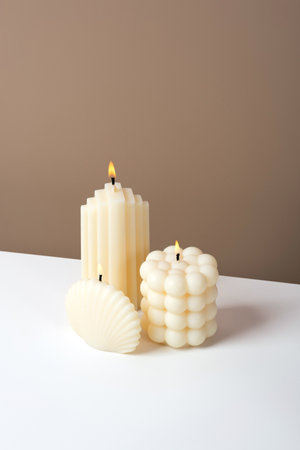 Olive wax burning candle on a duotone brown and white background. Sustainability vegan candle, natural materials. Minimalistic, vertical modern photo. isometric projection. copyspace.の写真素材