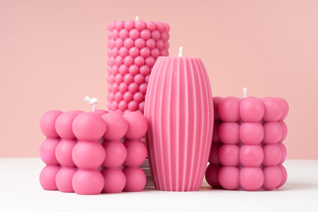 Handmade olive wax different forms pink color candle on a duotone pastel pink and white background. Sustainability vegan candle, natural materials. Minimalist, modern photo. copyspace. close upの写真素材
