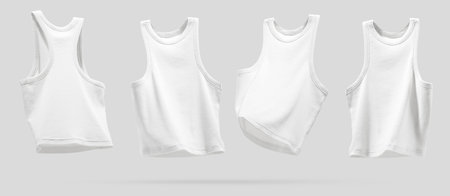 Summer Women's Clothing. Ribbed white tank top flying from different sides on light gray background. Female comfortable natural cotton cloth. Creative template for design Mock up. copyspace.の写真素材