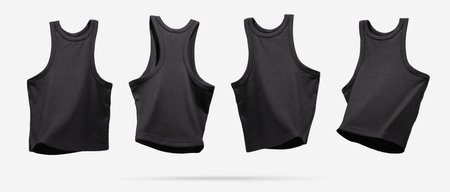 Summer Women's Clothing. Ribbed black tank top flying from different sides on light gray background....