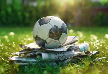 Symbol of the power of sports journalism to inform and inspire people. A football ball among sports newspapers on a green field. Sport press concept. copyspace. Generative AI.の写真素材