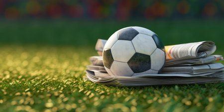 Football and sports newspapers and a soccer ball on a green field. Informing and entertaining sports...