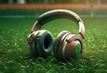 A commentator's headphones on a green field. The idea of football podcasting. The concept of sports...