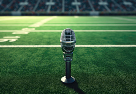 A commentator's microphone on a green footbal field. The idea of sport podcasting. The concept of soccer, rugby journalism. copyspace. Generative AI.の写真素材