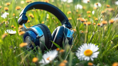 Blue wireless headphones lie on a field of green grass with flowers. Banner for radio station, summer music, spring podcast, dj performance. World Music Day, Poster Mock up. copyspace. Generative AI.の写真素材