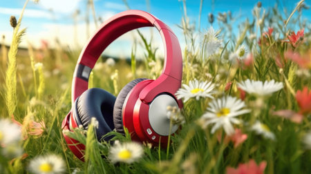 Music banner for radio station. Red wireless headphones lie on a field of green grass with flowers. Summer music, spring Broadcast, dj performance. Poster Mock up. copyspace. Generative AI.の写真素材