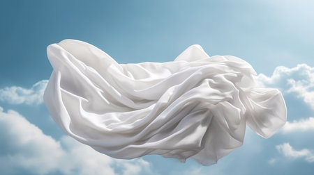 delicate Flying white Silk. satin float in the air against the background of the sky with clouds. template. Wide web banner. copyspace. Generative AI.の写真素材