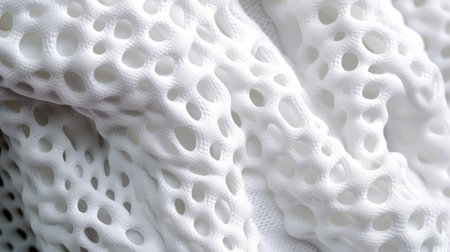 Zoomed-in shot presents the abstract waves texture of white soft fabric, featuring a porous surface...