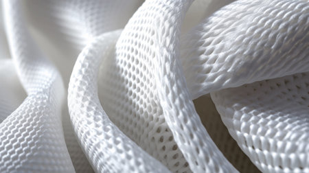 Up-close shot showcases the intricate abstract waves texture on white soft fabric, incorporating a creative element into cover artwork. Wide web banner. copyspace. Generative AI.の写真素材