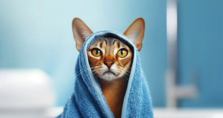 Cute Abyssinian cat covered with a blue towel. Funny blue-colored Abyssinian cat in the bathroom background. Animal hygiene and pet care concept. copyspace. Banner. Generative AI.の素材