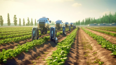 An agricultural robot working in the field. Harvesting robots with automatically detecting of the ripeness of plants. Future 5G technology. The concept of a smart agricultural farm. Generative AI.の写真素材