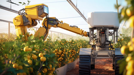 Harvesting robot with automatically detecting of the ripeness of plants. An agricultural robot working in the greenhouse. future technology. The concept of a smart agricultural farm. Generative AI.の写真素材