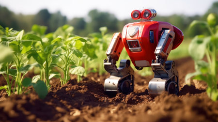 Robots for automated crop maintenance with gathering information about plant health and condition. An agribot working in the field. The concept of a smart agricultural farm. Generative AI.の写真素材