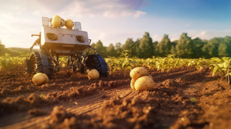 Harvesting robot with automatically detecting of the ripeness of plants. An agricultural robot harvests potatoes in a field. The concept of a smart agricultural farm. Generative AI.の写真素材