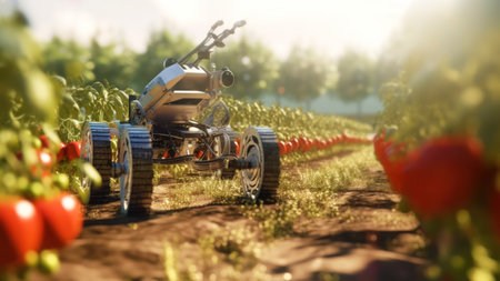 An agricultural robot harvests tomatoes in a field. Harvesting robot with automatically detecting of...