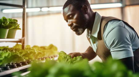 agricultural technology. A male agronomist farmer checks green lettuce plants growing in hydroponic greenhouse. vertical farming. Eco-friendly farming practices. copyspace. Banner. Generative AI.の写真素材