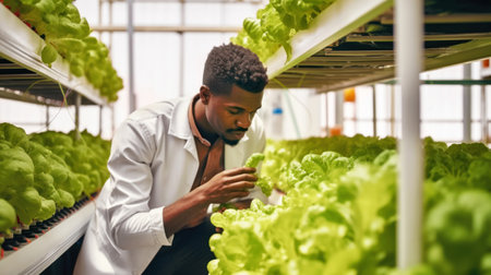 Scientist analyzes and research in organic vegetables. Hydroponics and vertical farming concept....