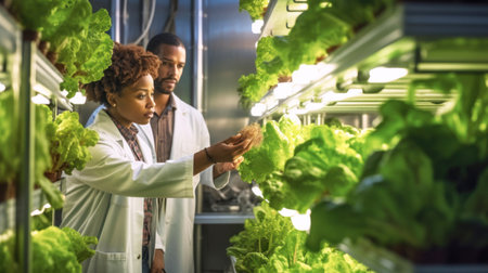 Scientist analyzes and research in organic vegetables. Hydroponics and vertical farming concept....