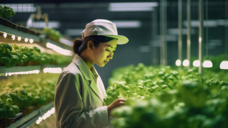 A chinese woman agronomist analyze organic vegetables. Hydroponics and vertical farming concept. Versatile crop selection. Flexibility in challenging environments. copyspace. Banner. Generative AI.の写真素材