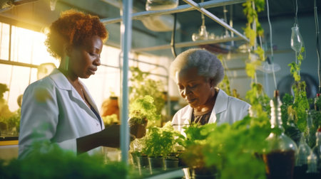 An elderly female scientist analyzes and researches organic vegetables. Hydroponics and the concept of vertical farming. Eco-friendly farming. Reduction of water usage and pesticides. Generative AI.の写真素材