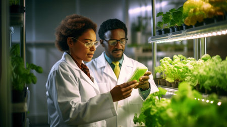 Scientist analyzes and research in organic vegetables. Hydroponics and vertical farming concept. Eco-friendly farming practices. Water and pesticide reduction. copyspace. Banner. Generative AI.の写真素材