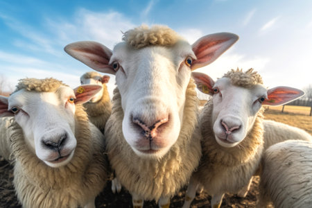 A flock of white sheep. Sheep look into the camera. Animals on the farm. The concept of rural life. Generative AI.の写真素材