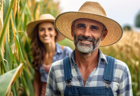 A portrait of smiling and happy adult local farmers, male and female standing against the backdrop of a cornfield. Work in the field. Concept of countryside occupation. Generative AI.の写真素材