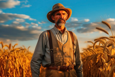 A mature adult farmer in the middle of a wheat field. agricultural business. Sunset while working in the countryside. Generative AI.の写真素材