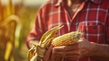 An ear of corn in the farmers' hands. Locally grown corn on the cob. Concept of natural food from the local farms. agricultural business. copyspace. Banner. Generative AI.の写真素材