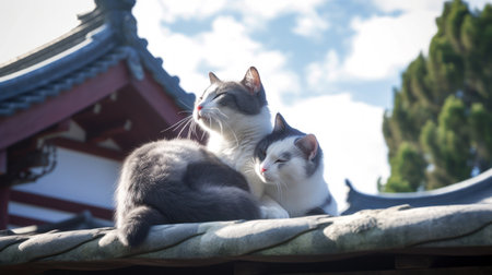 Cute cats are resting on the roof of the house. Cute cats in Japan on the background of a Japanese...