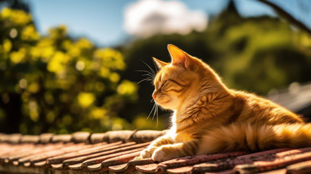 Cute cat is relaxing on japanese house roof. Cute cat in Japan on a tree background. Asian aesthetic style. Generative AI.の写真素材