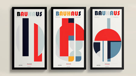 Set of 3 black frame minimal abstract vintage 20s geometric design posters. Wall art, template, layout with primitive shapes elements. Bauhaus style retro pattern, line art. generative AI.の写真素材