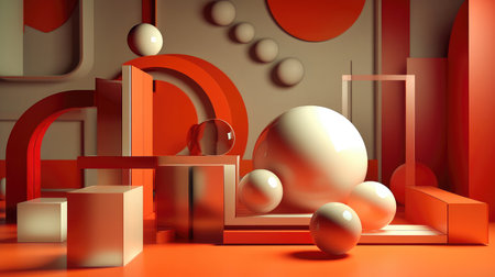 White figures standing on light orange red background, geometric shapes. Abstract minimal concept. 3d render style. Generative AI.の写真素材