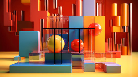 Abstract Scene with geometrical forms glass transparent cubes, squares and red and yellow circles...