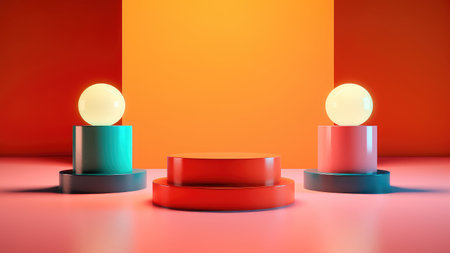 Background 3d scene with podium, minimal product display mock up scene and geometric shape object. Bright colors. Abstract minimal concept, blank space, clean design, 3d render style. Generative AI.の写真素材